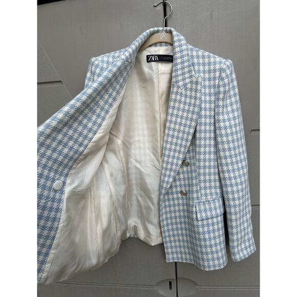 Zara Houndstooth Double-Breasted Blazer Jacket in Blue ASO Princess Kate Sz S - Picture 11 of 16